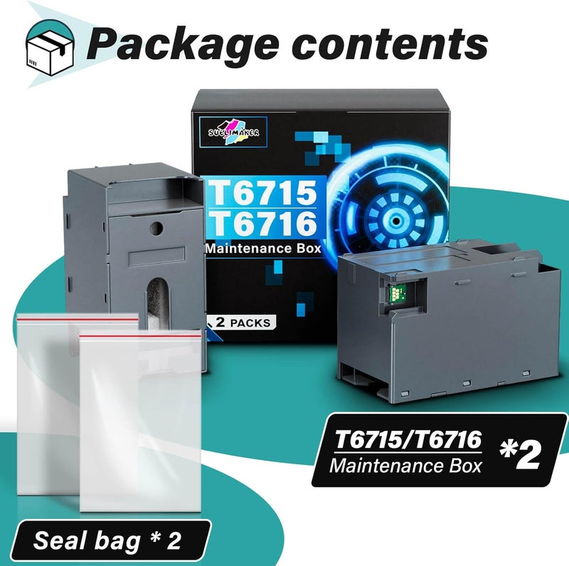 SUBLIMAKER T6715 T6716 Ink Maintenance Box Compatible Replacement for Epson Workforce Pro WF-4730 WF-4740 WF-4720 WF-4734 WF-4830 WF-4820 WF-3820 EC-4020 EC-4030 WF-4833 Printers, 6715 Maintenance Box (2 Packs) - Image 5